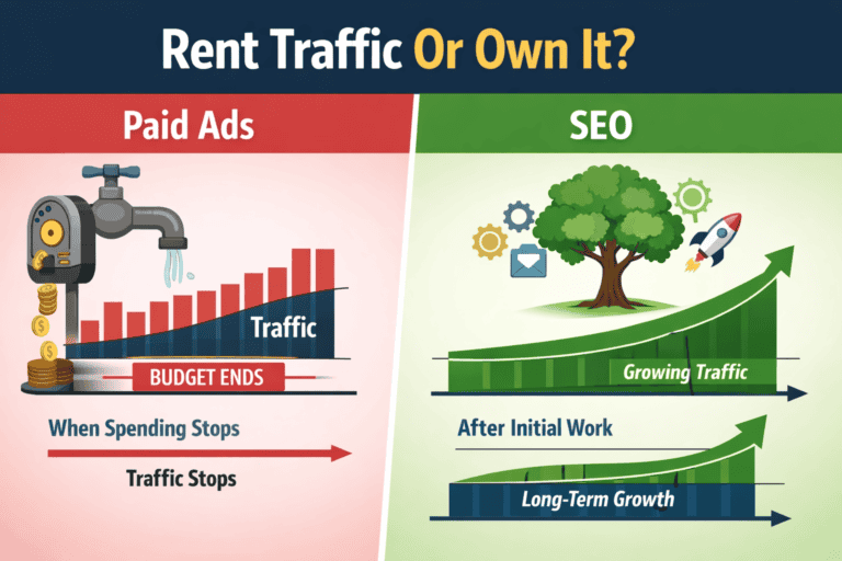 Comparison graphic showing paid traffic stopping when budget ends while SEO traffic continues to grow over time