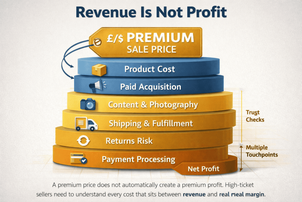 Margin breakdown graphic showing how a high-ticket ecommerce sale is reduced by operating and acquisition costs