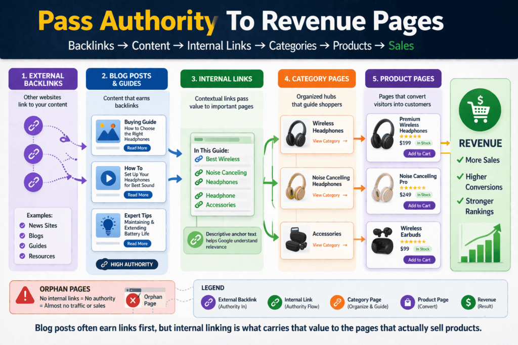 Site architecture diagram showing internal links passing authority from blog content to category and product pages