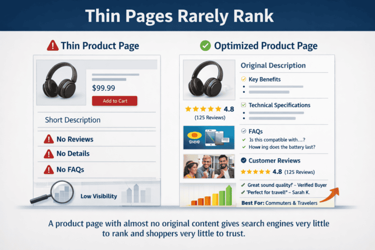 Side-by-side comparison of a thin product page and a detailed product page with richer SEO content