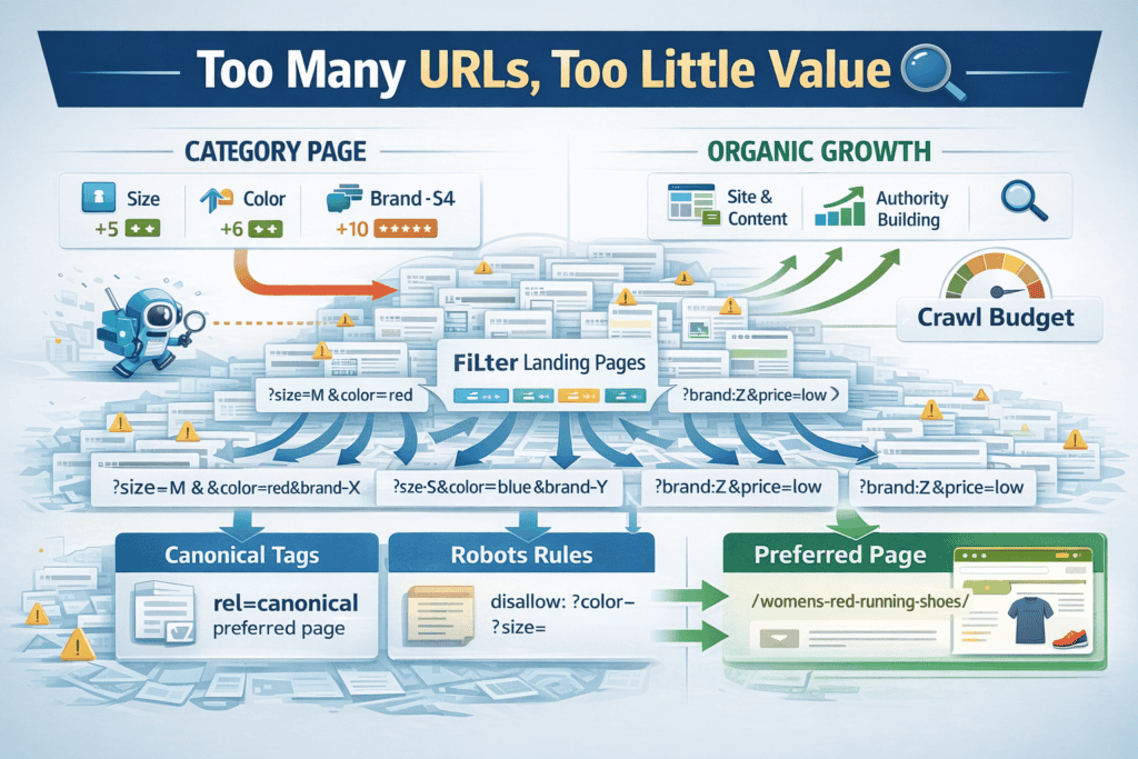 Infographic showing filter combinations creating too many duplicate ecommerce URLs and wasting crawl budget