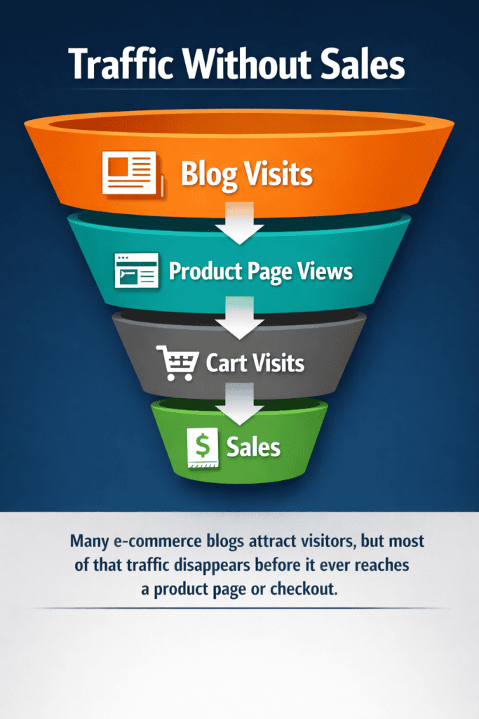 Funnel graphic showing blog visitors dropping off before reaching product pages and checkout