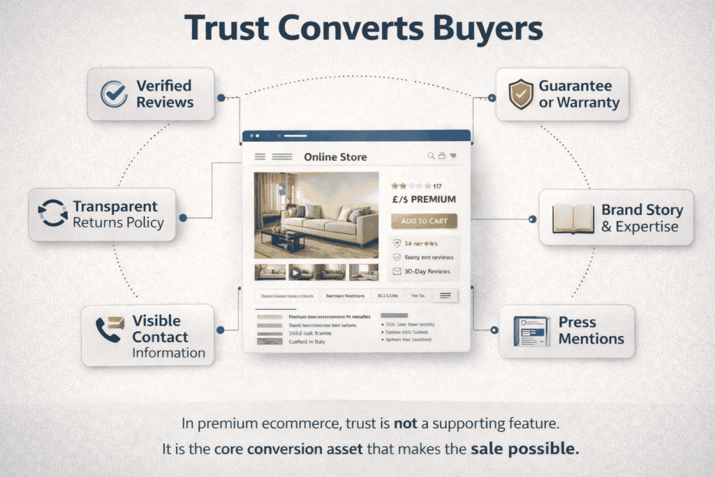 Trust framework graphic showing the main signals that help premium ecommerce buyers feel confident enough to purchase