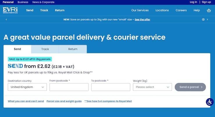 Evri homepage with the UK parcel delivery quote form