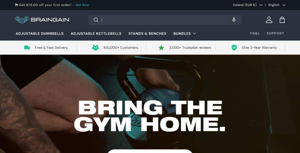 BrainGain ecommerce store homepage on desktop