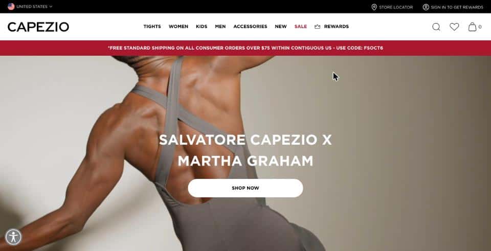 Capezio ecommerce store homepage on desktop