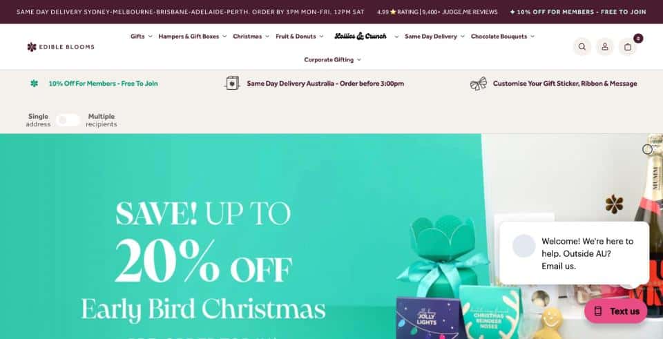 Edible Blooms ecommerce store homepage on desktop