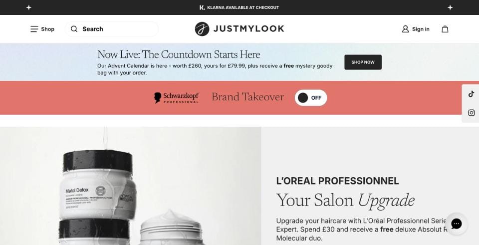 Justmylook ecommerce store homepage on desktop
